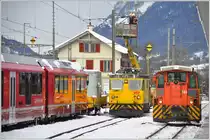 ABe 4/16 3104, Fahrleitungsmontagefz 9917 und Gmf 3/3 233 in Landquart. (19.01.2016)
