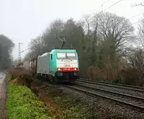 Die Cobra 2814 kommt die Gemmenicher-Rampe herunter nach Aachen-West mit einem langen Containerzug aus Antwerpen-Oorderen(B) nach Gallarate(I). Aufgenommen an der Montzenroute am Gemmenicher-Weg.
Bei Niselregen am Vormittag vom 23.1.2016.