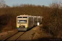 Eine Vierer-Garnitur Regio-Shuttles mit BSB VT011 an der Spitze fährt am 25.01.2016 in den Bahnhof Breisach ein.
