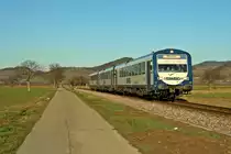 Die Triebwagen 127, 126 und der Steuerwagen 202 waren am 25.01.16 auf der Kaiserstuhlbahn zwischen Riegel und Breisach unterwegs. Hier konnte das Gespann, das nur aus Fahrzeugen der ersten Bauserie gebildet war, kurz vor dem Ziel, dem Bahnhof Breisach, aufgenommen werden.