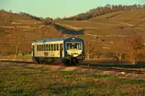 Der VT 128 pendelte am 25.01.16 zwischen Breisach und Riegel hin und her. Hier ist der Triebwagen im schönsten Abendlicht südlich von Achkarren in Richtung Breiach unterwegs.