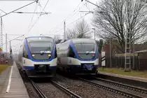 Talente der NEB treffen sich am 05.02.2016 in Sachsenhausen(Nordbahn).
Der VT 0011 fährt nach Templin Stadt und der VT 729 nach Berlin Ostkreuz.
