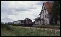Die 202855 mit dem P 6836 nach Salzwedel erreicht hier am 29.8.1993 um 13.01 Uhr den Bahnhof Krüden. Es handelt sich hier um die Verbindungsstrecke KBS 303 von Geestgottberg über Arendsee nach Salzwedel.