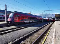 80-90.742  Spirit of Klagenfurt  an der Spitze des railjet 536 (Villach Hbf - Wien Hbf), am 11.2.2016 in Villach Hbf. Mit dieser Garnitur als railjet 533 begann im Herbst 2011 der planmäßige railjet-Verkehr nach Kärnten.
