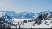BDeh 4/4 83 der BVB zieht ihren Zug am 17. Februar 2016 von Les Bouquetins hinauf zum Col de Bretaye. Im Hintergrund ist der Mont Blanc zu sehen.