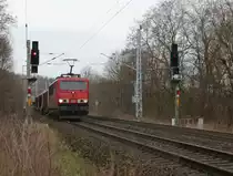 20-2-16, Km 64 der Wetzlarer / Kanonenbahn. 155 151 mit gemischten Güterzug Richtung Berlin Höhe der Einfahrsig Bf Bad Belzig