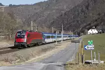 1216 231 mit Railjet zwischen Bruck/Mur und Pernegg am 20.02.2016.