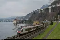 RABe 523 059 erreicht am 17. Februar 2016 in Kürze die Haltestelle Veytaux-Chillon.