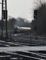 Anfahrend legt sich die NIAG Nr.8 alias 216 055-4 mit einem Silowagenzug in Zeug um auf Geschwindigkeit zu kommen. Mittwoch den 2.3.2016