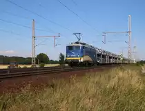 140 866-5 der EVB/MWB mit Autotransportzug aus Richtung Seelze kommend. Aufgenommen am 23.07.2014 bei Dedensen-Gümmer. 