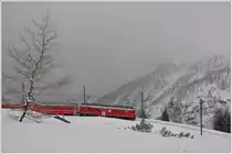R1629 mit ABe 4/4 III 53  Tirano  in der Alp Grüm Kurve. (25.02.2016)