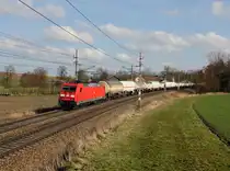 Die 185 356 mit einem Gaskesselzug am 04.03.2016 unterwegs bei Kimpling.