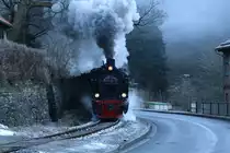 Scheinanfahrt von 99 6101 und 99 5901 mit IG HSB-Sonder-PmG am 14.02.2015 in Mägdesprung. (Bild 2)