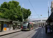 Tram TaM-2072 (Citadis402 Alstom) unterwegs auf der Ligne 3 nach Juvignac.
 
Die TaM (Transports de Montpellier Méditerranée Métropole)hat für jede der 4 existierenden Linien gesondert gestaltete Fahrzeuge im Einsatz. 

2015-05-30  Montpellier Gare-Saint-Roch 