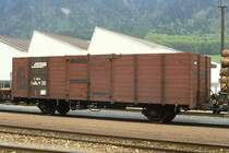 RhB - E 6604 am 15.05.1991 in Untervaz - Hochbordwagen 2-achsig mit 1 offenen Plattform - Baujahr 1911 - Louv - Gewicht 6,39t - Zuladung 15,00t - L�P 7,84m - zul�ssige Geschwindigkeit 60 km/h - �2=20.07.1988 - Lebenslauf: ex L3 6604 - 1969 E 6604 - 05/2002 Abbruch
