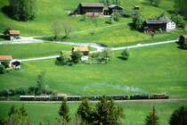 RhB Dampfzug 3031 f�r Dampffreunde der RhB von Landquart nach Davos Platz am 09.05.1999 oberhalb K�blis mit Vorspann-E-Lok Ge 6/6 I 414 - G 4/5 107 - B 2245 - B 2246 - D� 4052II -B� 2060 - C � 2012 - A� 1102. Hinweis: Vorspann aus Lastgr�nden zwischen K�blis und Davos-Wolfgang n�tig.
