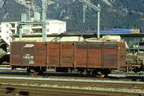 RhB - E 6605 am 07.02.1997 in Thusis - Hochbordwagen 2-achsig mit 1 offenen Plattform - Baujahr 1911 - Louv - Gewicht 6,13t - Zuladung 15,00t - L�P 7,84m - zul�ssige Geschwindigkeit 60/B km/h - �=15.06.1988 - Lebenslauf: ex L3 6605 - 1969 E 6605 - 06/2002 Abbruch - Hinweis: jetzt mit Kennzeichnung B f�r Zugreihe im Anschriftenfeld
