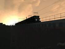E44 in Abendd�mmerung auf Br�cke