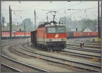 1144 218 schiebt den G�terzug, bestehend aus 14 Eanos-Waggons, zum Brenner nach. Aufgenommen im Sommer 2005 im Bahnhof Kufstein. Im Hintergrund warten weitere 1144er auf die n�chsten Eins�tze.
