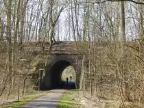 Blick auf einen Fußgängertunnel im Wald von Horrem. Über die alte Trasse führte die ehemalige Bergheimer Kreisbahn von Horrem nach Mödrath. Die Strecke wirde am 1. Oktober 1978 stillgelegt und vollständig abgebaut.

Horrem 26.03.2016