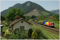 Dieses Motiv wäre zwar noch möglich, ist aber mittlerweile auch durch Lärmschutzwände im Hintergrund verschandelt. 54072 von Graz-Gösting Verschubbahnhof nach Wien Zentralverschiebebahnhof war am 26.6.2008 mit 1116 056 „Rumänien“ bespannt. Die Aufnahme entstand bei der Durchfahrt der Haltestelle Stübing. Im Hintergrund sind die Schäden von Sturm  Paula  zu sehen.