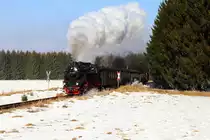 Scheinanfahrt von 99 6001 mit IG HSB-Sonderzug am Mittag des 15.02.2015 kurz hinter Stiege (Strecke Stiege-Eisfelder Talmühle). Bild 2