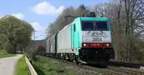 Die Cobra 2804 kommt die Gemmenicher-Rampe herunter nach Aachen-West mit einem langen gemischten Güterzug aus Antwerpen-Noord(B) nach Köln-Gremberg(D). Aufgenommen an der Gemmenicher-Rampe am Gemmenicher-Weg an der Montzenroute. 
Bei Frühlingswetter am 9.4.2016.