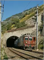 Die 1944 gebaute Ae 4/4 251 der BLS verlässt mit einen Extrazug für das  Südrampenfest  anlässlich des Jubiläums 100 Jahre BLS den Schluchitunnel kurz nach Hohtenn.
7. Sept. 2013