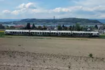 TPF: Der Flirt RABe 527 198-1 mit Werbeaufschrift als Regionalzug Fribourg-Neuchâtel bei Murten am 7. Mai 2016.
Foto: Walter Ruetsch