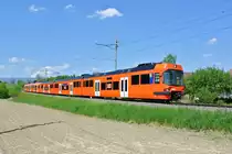 SlowUp Solothurn-Bucheggberg 2016: Die RE's Solothurn-Bern verkehrten heute in Doppeltraktion, Seite Bern war jeweils ein Seconda eingereiht. Diese werden planmässig nicht mehr bis Solothurn eingesetzt; RE 1146 bestehend aus dem Seconda 65 und dem Next 27 in der Limpachebene zwischen Lohn-Lüterkofen und Bätterkinden, 08.05.2016.