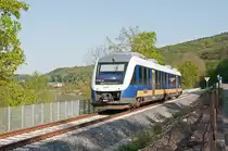 NWB VT 648 186 follows the picturesque Weser route into Vlotho on 06 May 2016.  