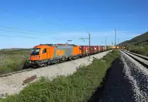 1216 903 passes Presnice Jct whilst hauling a cargo train to Koper, 16 April 2016