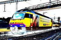 Re 460 042-5. Das selbe Foto wie ID 94032, aber als Zufallsprodukt mit meinem Bildprogramm entstanden.Das Bild gef�llt mir so ganz gut, vielleicht auch euch, liebe Bahnfreunde. Bhf. Frick AG am 25.3.2007.