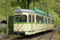 Der Bochumer Triebwagen 275 im Straßenbahnmuseum Kohlfurth, am 16.05.2016.
Baujahr 1957
