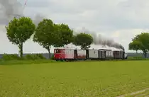  Wendezug  auf der Selfkantbahn, vorn Dampflok 101, hinten Triebwagen T 13. Da im augenblcklichen Endpunkt Stahe nicht umgesetzt werden kann, werden die Züge in der einen Richtung von der Dampflok, in der anderen vom Dieseltriebwagen gezogen. Das jeweils andere Triebfahrzeug hilft durch Nachschieben. Aufnahme: bei Birgden, 16.5.16.