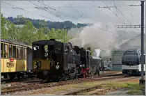 Zum Schweizer Dampffestival bei der Blonay Chamby Bahn wird in Vevey kräftig gedampft: Im Vordergrund die BFD HG 3/4 N°6 mit der SEG G 2x 2/2 105, im Hintergrund die BAM G 3/3 N° 6.
beim  Kaisermanöver  für den Riviera Bell Epoque Zug nach Chamby.
14. Mai 2016