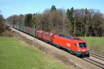 Mit einem fotogenen Stahlzug aus Belgien kam am frühen Nachmittag des 16. März 2013 die 1016.039 an der bekannten Fotostelle an der Brücke bei Gutmart vorbei.