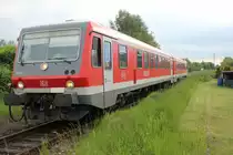 628 610 als RE4 unterwegs nach Stettin, wenige Meter vor dem ehemaligen RAW in Malchin am 25.5.2015