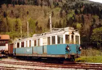 MOB: Der Triebwagen BDe 4/4 25 aus dem Jahre 1912 wartete im Mai 1979 in Montbovon auf seinen nächsten Einsatz.
Foto: Walter Ruetsch