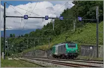 Ein  Fretchen , hier die SNCF BB 37 059, auf dem Weg nach Lausanne Triage hat bei La Plaine die Schweiz erreicht.
20. Juni 2016