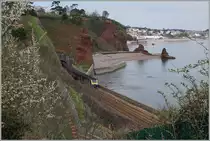 Die Bahnstrecke von Teignmounth nach Dawlish Warren ist also grösstenteils paralell auf einem eben Wanderweg zu erleben, bis auf das Teilstück von Smuggles Cove nach Dawlish welches teilweise ziemlich steil landeinwärts führt, während die Bahn durch den Parson's Tunnel 476 m, den Clerk's Tunnel 53 m, den Phillot Tunnel 45 m, den Cryton Tunnel 208 m und Kennaway Tunnel 187 m geführt wird. Doch auch der Wanderweg stößt plötzlich überraschend  wieder ans Bahntrasse, wie hier im Bild zu sehen ist.
(Leider fokussierte die Kamera bei den weitern Bildern mit mehr Zug auf die Vegetation statt auf den Zug).
19. April 2016