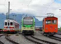 TPC/AOMC: Am 19. Juni 2016 verabschiedete sich die TPC zusammen mit der lokalen Bevölkerung und vielen Bahn Fotografen von nah und fern von den BDeh 4/4 511-514 (1954), Be 4/4 101-105, ehemals BLT (1966) sowie den BDeh 501-503 (1987/1992). Dabei konnten zum letzten Mal die fotogenen Fahrzeuge, die während vielen Jahren das Gesicht der AOMC prägten, im Einsatz fotografiert werden. Gleichzeitig wurden auch vier Triebzügen der neusten Generation vorgestellt. Während ein  BIRSIGTALER  in seine Heimat zurückkehrt, werden die BDeh 4/4 511-514 nicht verschrottet, sondern für Fr. 1.-- pro Fahrzeug nach Belgien verkauft. An dem bedeutendsten Tag der Geschichte der TPC konnten den Festbesucher alle vier neuen Triebzüge vor der Werkstätte en Châlex präsentiert werden. Bei zwei Triebzügen fehlte noch die Beschriftung und ausstehend waren die vier B. Sämtliche Fahrzeuge wurden zur Freude der Bahn Fotografen fotogen aufgestellt. Merci beaucoup an die TPC mit dem freundlichen Personal.   
Foto: Walter Ruetsch 