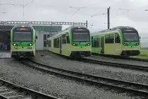 TPC/AOMC: Am 19. Juni 2016 verabschiedete sich die TPC zusammen mit der lokalen Bevölkerung und vielen Bahn Fotografen von nah und fern von den BDeh 4/4 511-514 (1954), Be 4/4 101-105, ehemals BLT (1966) sowie den BDeh 501-503 (1987/1992). Dabei konnten zum letzten Mal die fotogenen Fahrzeuge, die während vielen Jahren das Gesicht der AOMC prägten, im Einsatz fotografiert werden. Gleichzeitig wurden auch vier Triebzügen der neusten Generation vorgestellt. Während ein  BIRSIGTALER  in seine Heimat zurückkehrt, werden die BDeh 4/4 511-514 nicht verschrottet, sondern für Fr. 1.-- pro Fahrzeug nach Belgien verkauft. An dem bedeutendsten Tag der Geschichte der TPC konnten den Festbesucher alle vier neuen Triebzüge vor der Werkstätte en Châlex präsentiert werden. Bei zwei Triebzügen fehlte noch die Beschriftung und ausstehend waren die vier B. Sämtliche Fahrzeuge wurden zur Freude der Bahn Fotografen fotogen aufgestellt. Merci beaucoup an die TPC mit dem freundlichen Personal. Für diese Aufnahme stand trotz strömendem Regen ein  WASSERDICHTER FOTOGRAF  im Einsatz.  
Foto: Walter Ruetsch 