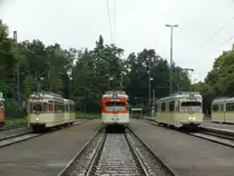 VGF L-Wagen 124, M-Wagen 102 und N-Wagen 112 am 25.06.16 in Frankfurt Stadion bei der Straßenbahnparade. Die Anlage wurde für dieses Event gesperrt und mann konnte auf den Gleisen Fotos machen