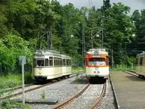 VGF Düwag L-Wagen 124 und M-Wagen 102 am 25.06.16 bei der Stadion Haltestelle. Die Anlage wurde für dieses Event gesperrt und mann konnte auf den Gleisen Fotos machen