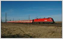 1116 002 mit dem ER 9445 „Haydn“ von Wien nach Tatabanya am 11.3.2007 bei der Einfahrt in Gramatneusiedl.