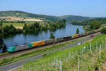  Pfefferminzbonbon  185 614 von Angel Trains stand am 20. Juli 2013 für TXL im Einsatz und beförderte den DGS 43157 von Köln Eifeltor zum Brenner - Ziel des Zuges ist Verona. Hier im Maintal bei Gambach zu sehen - die freiwillige Feuerwehr wollte auch noch mit ins Bild....