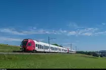 Eine FLIRT-Doppeltraktion fährt am 7. Juli 2016 bei Mézières als RE in Richtung Romont - Fribourg.