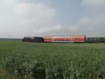 Der diesjährige  Regenbogen-Express  RE 16275 von Sondershausen nach Erfurt hatte am 28.05.2016 neben den Wagen des Thüringer Traditionszugs auch zwei Doppelstockwagen im Zugverband, um die große Anzahl der Fahrräder zu transportieren. Zuglok war die 41 1144-9 die hier bei Kühnhausen zu sehen ist.