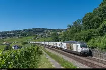 Re 465 016  Black Pearl  passiert am 16. Juli 2016 mit einem RailCare-Zug Bossière.